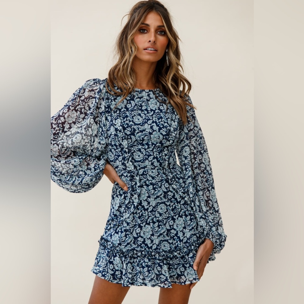 Secrets + Saints Navy Blue Floral Balloon Sleeve Mini Dress Ruffle Hem Small